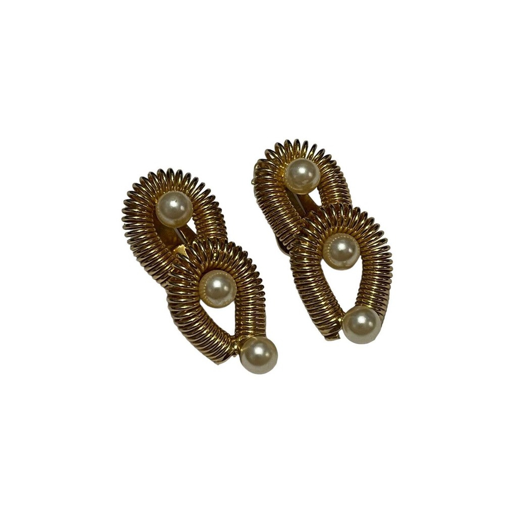 Vintage Hobe Faux Pearl Gold Tone Clip On Earrings Signed VTG Spiral